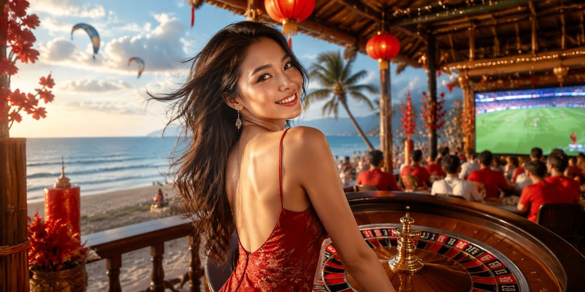 Bàn roulette bên bãi biển Mũi Né trong ánh hoàng hôn – hình ảnh casino kết hợp biển đảo