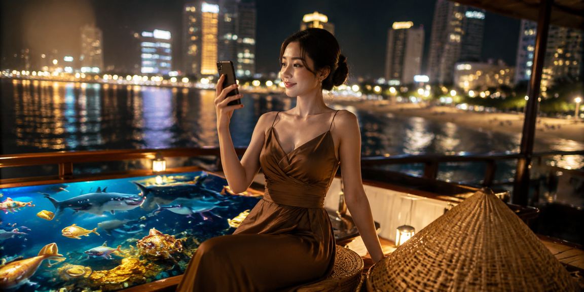 Người phụ nữ đội nón lá chơi casino trên điện thoại tại bãi biển Nha Trang