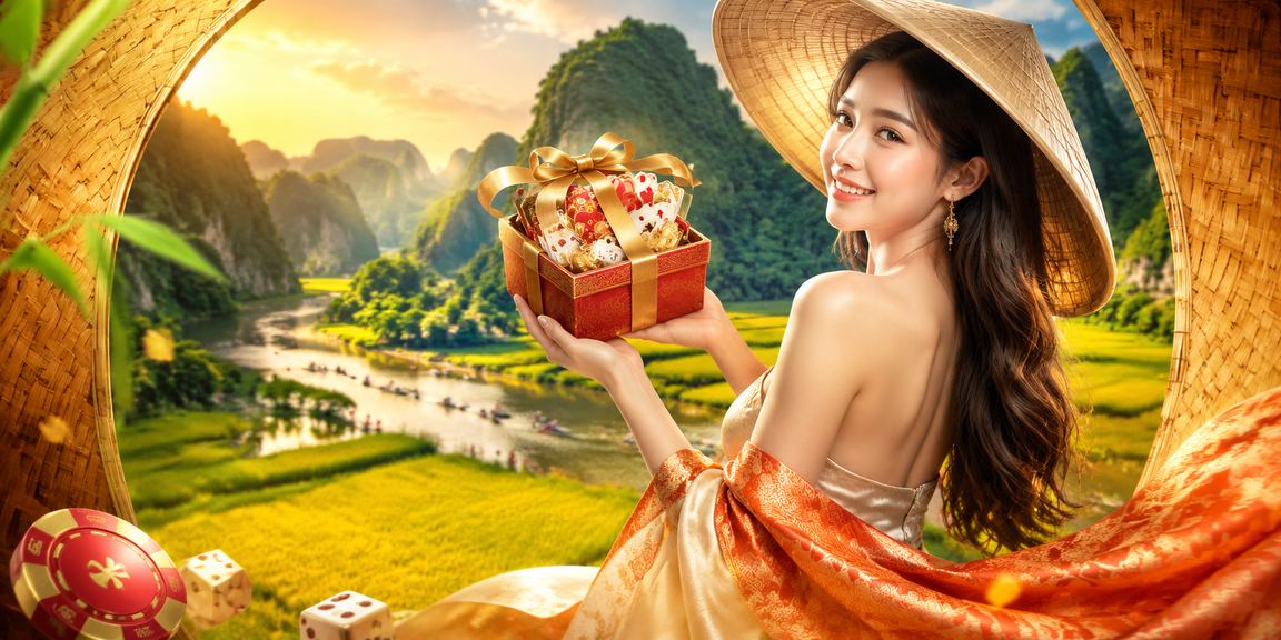 Người chơi card game tại Ninh Bình với hình ảnh nón lá đặc trưng giữa khung cảnh thiên nhiên